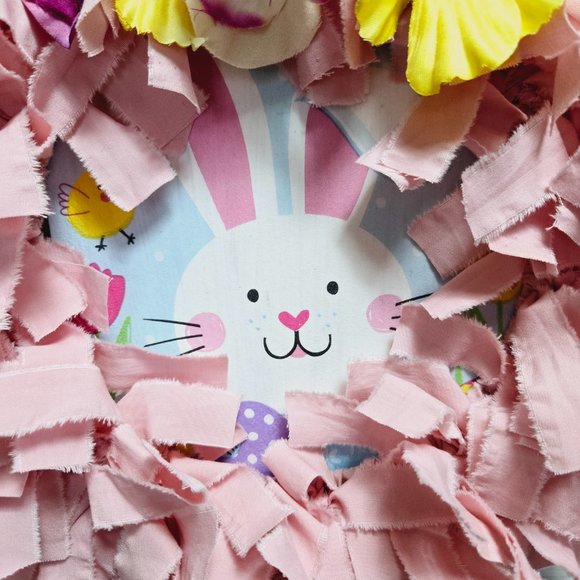 Hand Crafted Easter Bunny Rabbit Fabric Rag Wreath, Pink & White, Bunny Sign - Picture 3 of 7